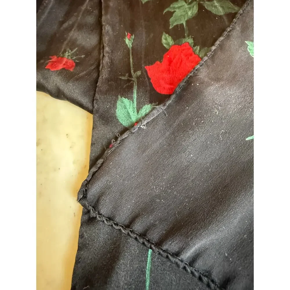 Vintage Silk Rectangular Scarf Black Red Rose Print